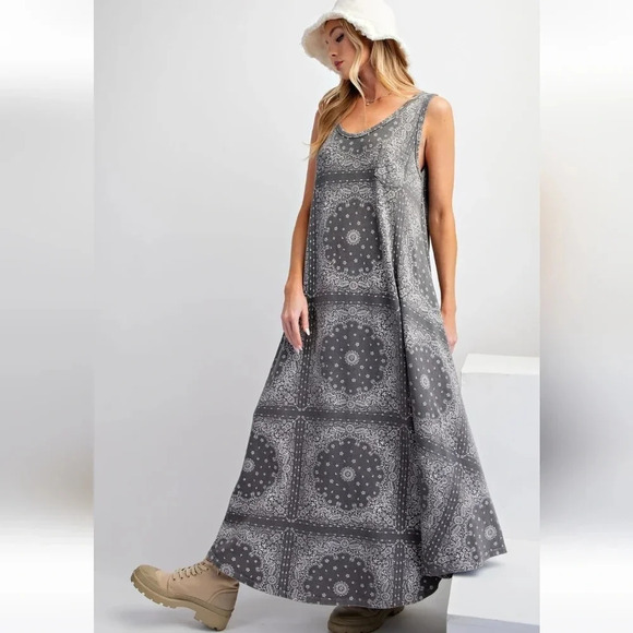 New! Easel Ash Bandana Print Mineral Washed Cotton Maxi Dress - Picture 1 of 5